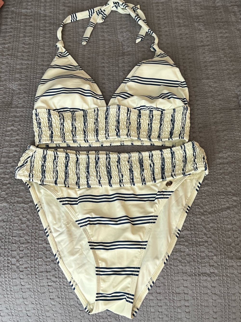 CeCe Nautical Striped Smocked 2-Piece Bikini Set - Navy & Off-White size Small